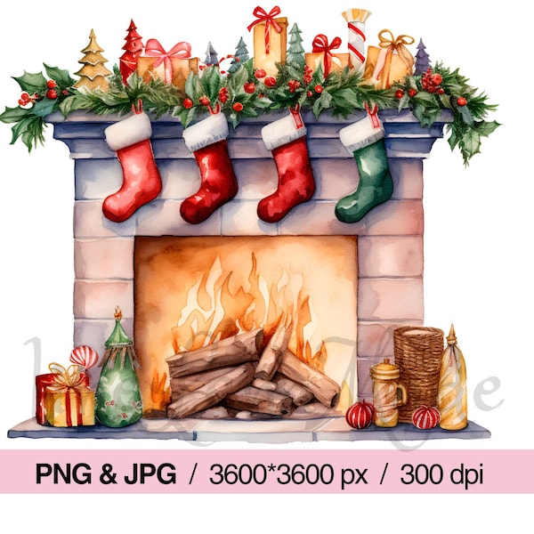 Christmas Clipart Fireplace with Christmas Stockings, High Quality PNG & JPG - Digital Download - Commercial Use, Watercolor, Mixed Medi