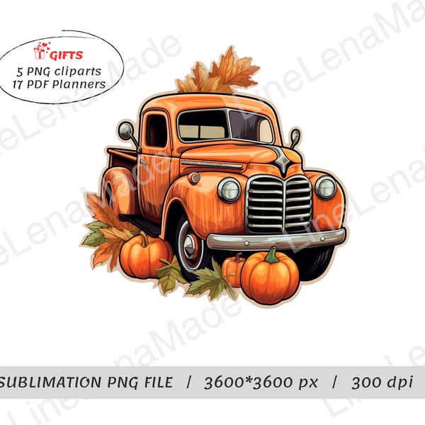Vintage Autumn Truck with Pumpkins and Leaves - High-Quality PNG Clipart Perfect for Printing and Craft Projects