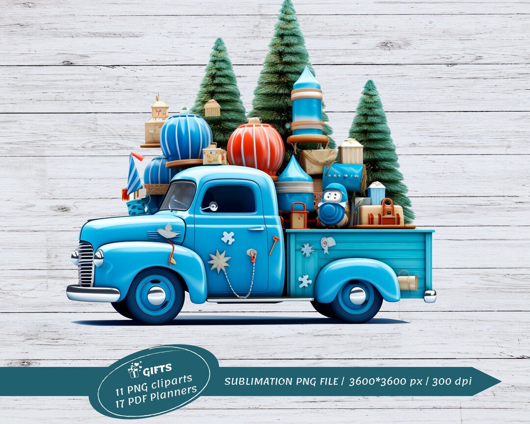 Christmas Blue Truck With Fir Trees and Gifts. the Clipart is in PNG ...
