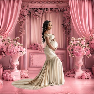 Sfondo fotografico con fiori rosa e colonne, sfondo fotografico maternità, sovrapposizione Photoshop, sfondo per fotografia digitale, sfondo da studio