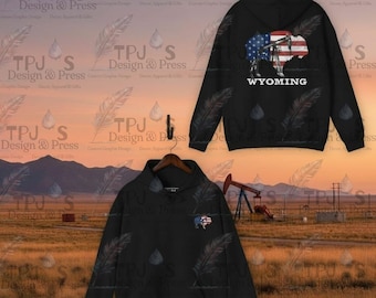 Wyoming Buffalo Hoodie, American Flag and Oil Pumpjack Sweatshirt, Unisex Hooded Pullover, Heavyweight Workwear Apparel, Wyoming Oilfield