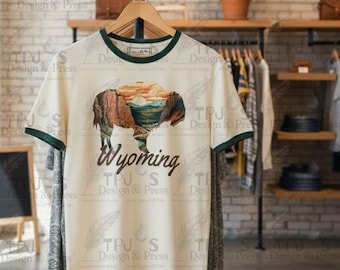 Yellowstone Falls Buffalo Ringer T‑Shirt – Rustic Wyoming Wildlife Design, Cotton T-shirt, Wyoming Apparel
