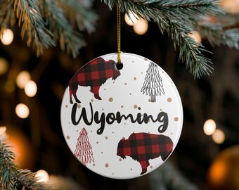 Ceramic Ornament, Wyoming Buffalo Christmas Tree Ornament, Black Red Plaid Pattern Holiday Decor, Buffalo Plaid Ornament, Christmas Tree