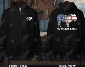 Wyoming Buffalo Hoodie, American Flag and Oil Pumpjack Sweatshirt, Unisex Zip Up Hoodie, Heavyweight Workwear Apparel, Wyoming Oilfield