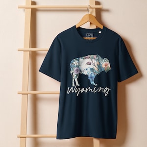 Womens Wyoming T-shirt, Wyoming Floral Buffalo, Womens T-shirt, Womens Wyoming Shirt, Floral Wyoming Shirt, Organic Cotton