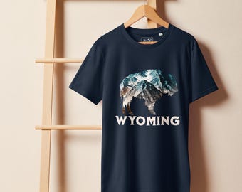 Wyoming Buffalo T-Shirt with Mountain Scape | Ice Blue Design on Navy Blue | Nature-Inspired Western Tee