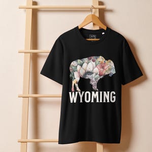 Wyoming Floral Buffalo, Ribbed 100% Organic Cotton Unisex T-shirt, Wyoming Apparel, Floral Buffalo