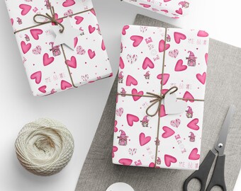 Valentine Gnome Wrapping Paper pink and white love be mine hearts patterns