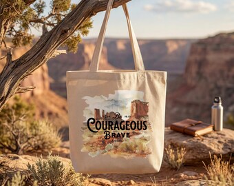 Christian, Bible Verse, Tote Bag, 16" X 14.5", Organic Cotton Eco Tote Bag, Mountain Scape, Bible Study Bag, Tan Tote Bag