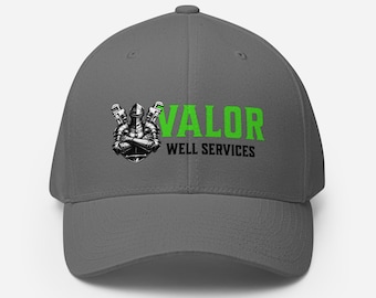 Valor Well Service's Gray Flexfit Hat, S/M Hat. L/XL Hat, Mens Hat, Blue Collar, Gillette Wyoming, Well Service, Valor Hat,