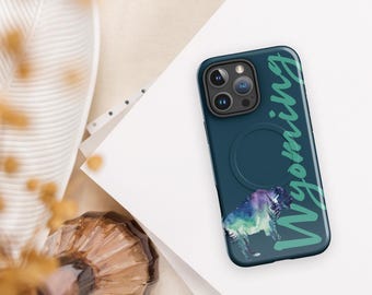 Wyoming MagSafe Tough iPhone Case – Dark Blue Starry Night Buffalo Design – Western Aesthetic Phone Cover, Compatible with MagSafe Charging