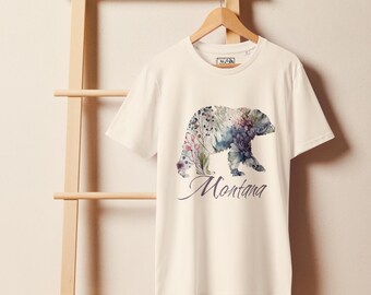 Camiseta Montana Bear para mujer – Camisa floral estatal en marfil y morado – Regalo de aventura al aire libre - Camiseta floral