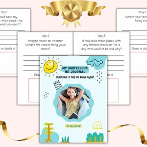 Op de afbeelding: Een 30-dagen dagboek met een lichtblauwe omslag met een meisje met een koptelefoon. Het dagboek bevat vragen als "Als je een superkracht zou hebben, wat zou het dan zijn?" en "Stel je voor dat je een uitvinder bent."