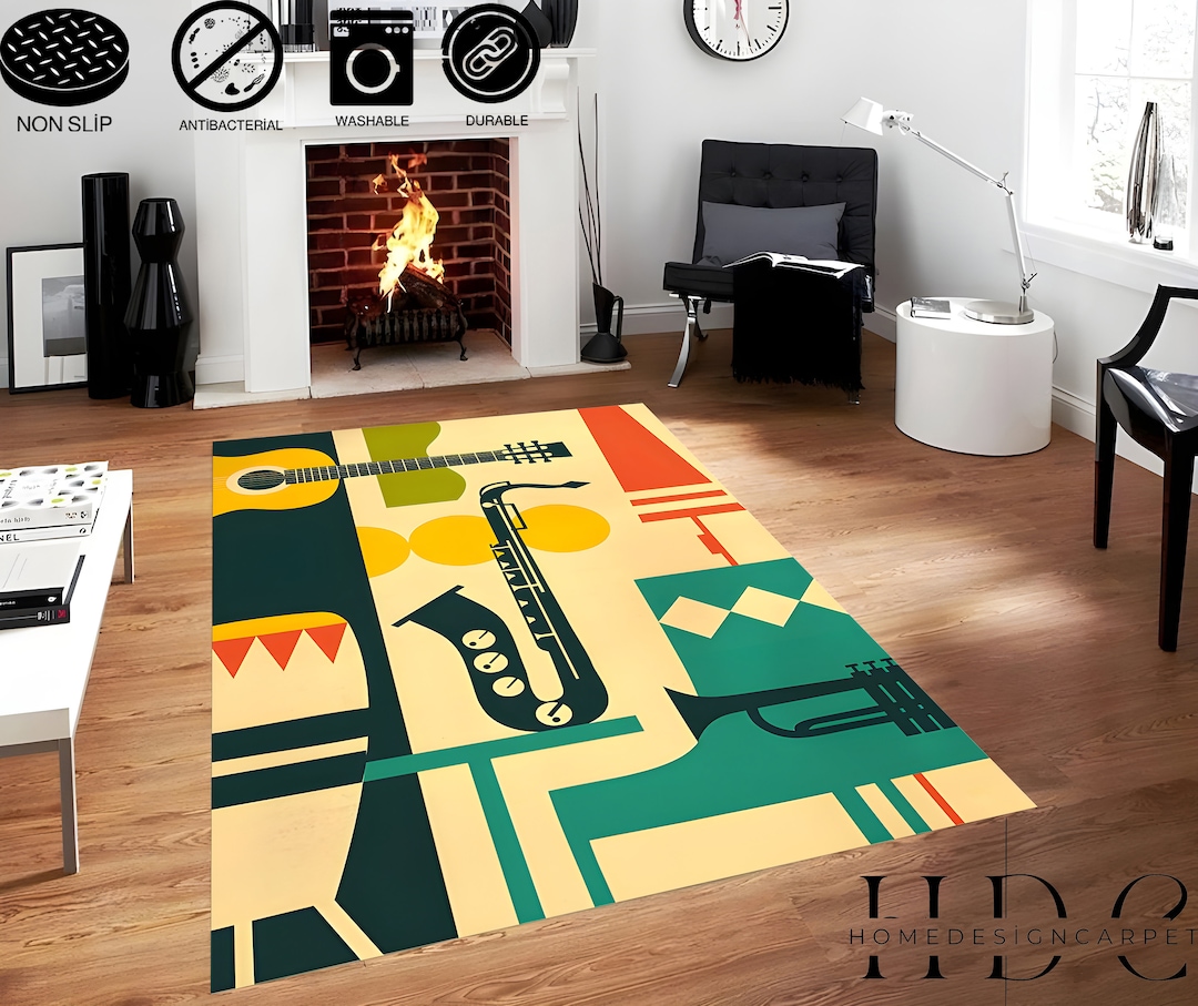 Saxophone Rug / Musical İnstruments Pattern Area Rug / Music Room Rug ...