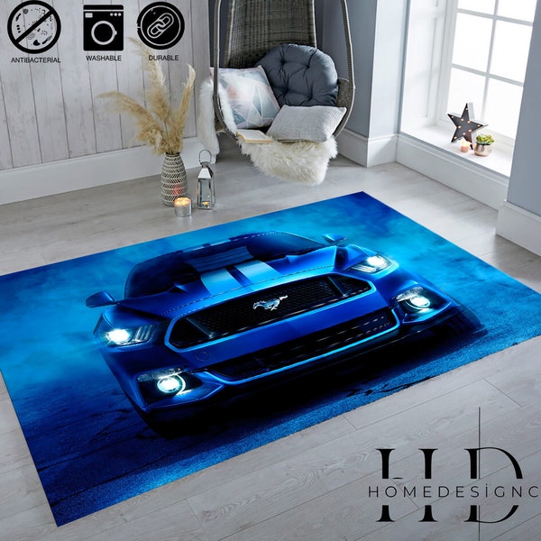 Ford Mustang Shelby Pattern Rug / Blue Car Rug / Ford Mustang Rug / Garage Rug / Cool Rug / Personalized Gifts / Living Room Rug / HD210