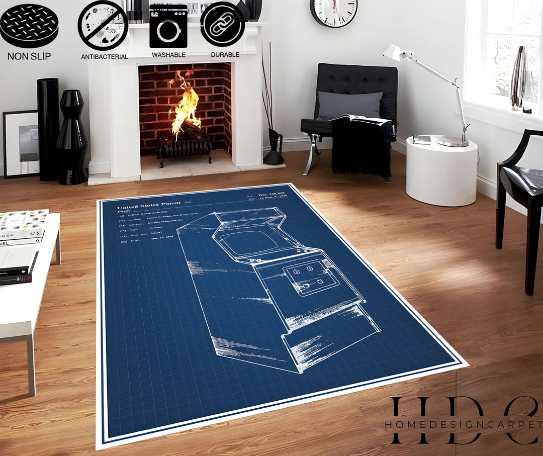 Game Room Rug Pattern Arcade Video Game Cabinet Print Rug / Arcade Blue Pattern Mat / Game ...