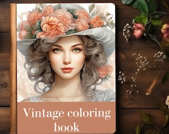 May include: Vintage colouring book cover featuring a woman with long, curly hair wearing a white hat adorned with pink flowers. The text "Vintage colouring book" is printed on the cover.