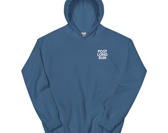 May include: A blue hooded sweatshirt with a front pocket and a drawstring hood. The text "POST LONG RUN" is printed in white on the upper chest. The sweatshirt is made of a soft material.