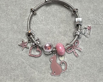 Pink Charm Bracelet with Cat, Heart & Ribbon Charms | Silver Tone Adjustable Bracelet
