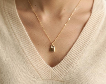 17k Gold Lock Pendant Necklace ,Minimalist Chain