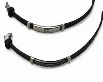 Matching Black Stainless Steel Couple Bracelet Set – Heart Detail