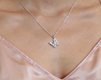 Dainty Silver Butterfly Necklace CZ Crystal Pendant