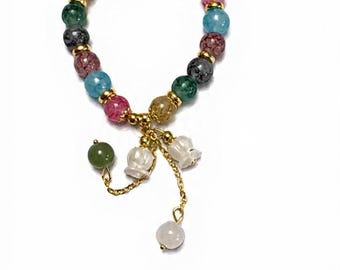 Colorful Natural Stone Beaded Bracelet | Gold Charms, Gemstone Drops