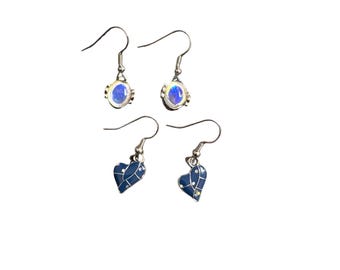 Blue Opal-Style Oval Dangle Earrings – Silver-Tone Boho Hook Drops