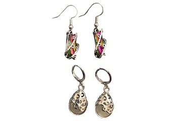 Multicolor Wrapped Glass Dangle Earrings SilverTone Wire Wrapped Boho Drops