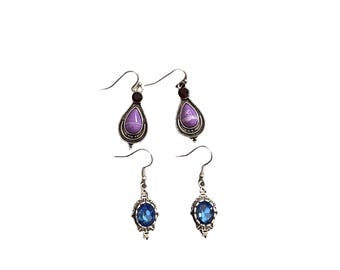 Iridescent Blue Teardrop Dangle Earrings SilverTone Sparkly Hook