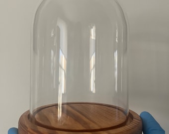 Glass dome with vintage style light hard wooden base |  15 v 13.5 cm (h, w) | medium | bell jar | glass cloche | decorative display