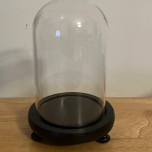 Glass dome with black wooden base on legs |  15 v 12 cm (h, w) | small / medium | bell jar | glass cloche | decorative display | oiled wood