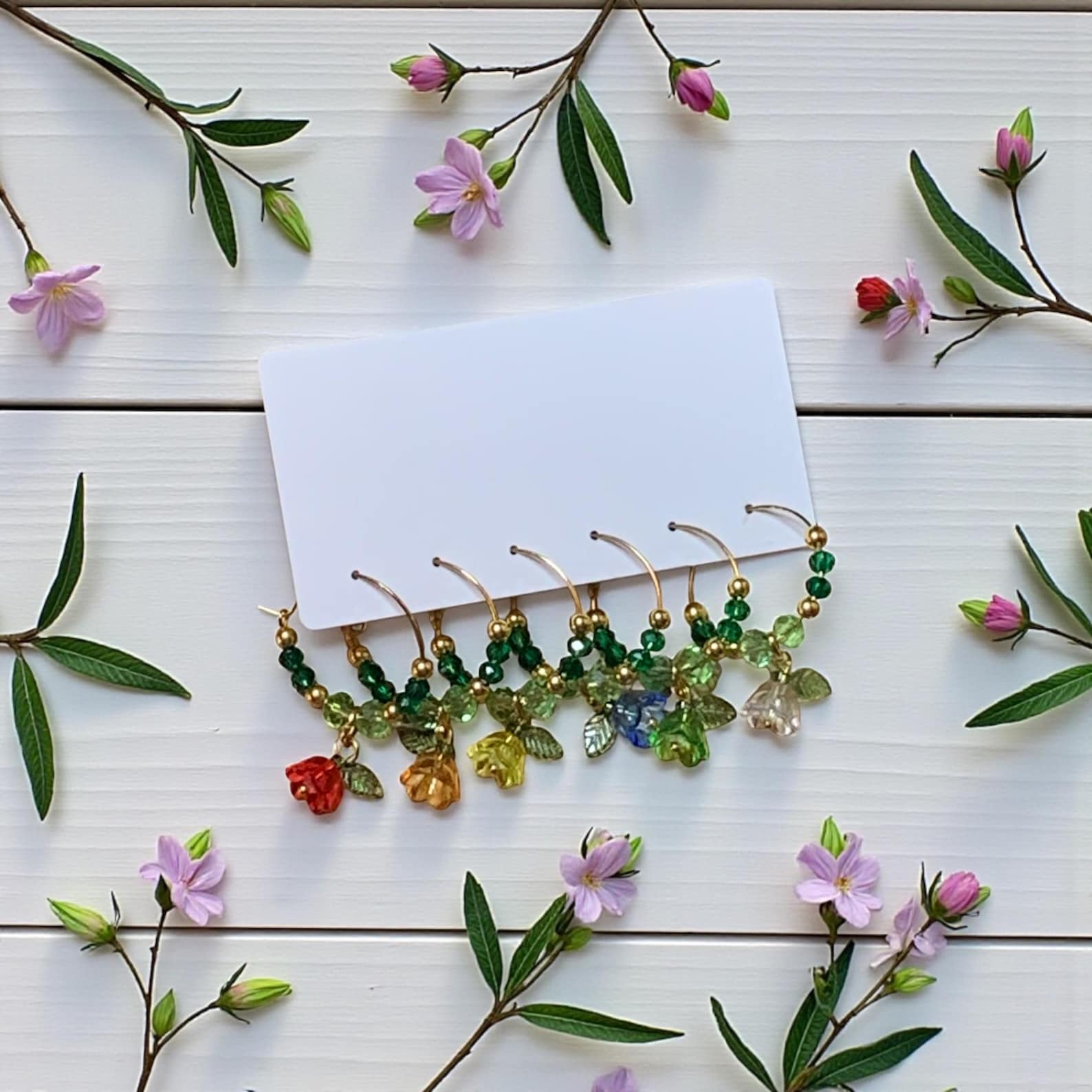 Glass Floral Wine Charms - Set of 6