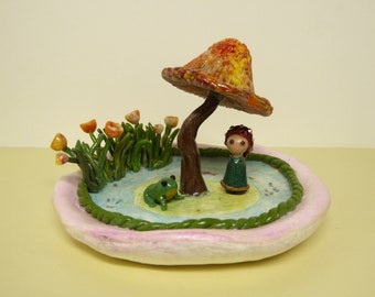 CUSTOM Mushroom Dish, Handsculpted Polymer Clay Dish with Mushroom Figurine, Flowers and Animal Friend, Whimsical Mushroom Ring Dish