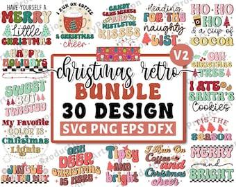 May include: A collection of 30 retro Christmas designs in SVG, PNG, EPS, and DFX formats. The designs feature festive phrases like "Merry Christmas," "Happy Holidays," and "Jingle All the Way" in various colors and fonts.