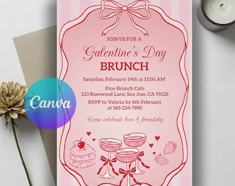 Editable Galentine's Brunch Invite, Pink Girls Party Invitation, Valentine's Day Invite, Girls Only, Pink and Red Bow Invitation, Canva
