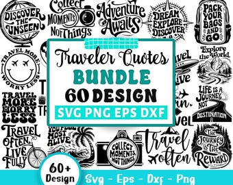 以下が含まれることがあります： 「Adventure Awaits」や「Pack Your Bags and Go」などのフレーズを含む、白黒の旅行をテーマにした60のデザインのバンドル。 SVG、PNG、EPS、DXF形式で利用可能で、さまざまなクリエイティブプロジェクトに最適です。