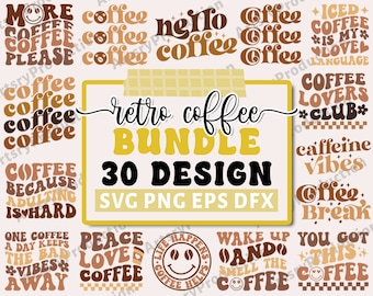 Pakiet Retro Coffee SVG PNG, Kubek mrożonej kawy SVG, Falista kawa SVG, Hippie SVG, Estetyczny modny SVG, Falista retro SVG, Kofeina SVG, Cricut
