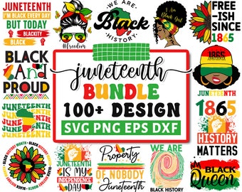 May include: A collection of Juneteenth-themed designs in various styles. The designs include text such as "Black History," "Black and Proud," and "Juneteenth 1865." The color palette features black, red, yellow, and green.
