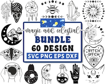May include: A set of 60 digital designs featuring celestial and magical themes. The designs include moons, stars, crystals, butterflies, mushrooms, and more. The designs are available in SVG, PNG, EPS, and DXF formats.