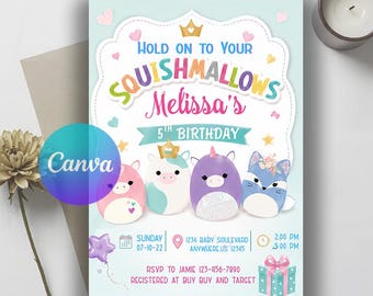 Editable Squishmallow Birthday Invitation, Squishmallow Invitation, Squish Birthday Party, Girl Birthday Invite, Squishy Party Invite, Canva
