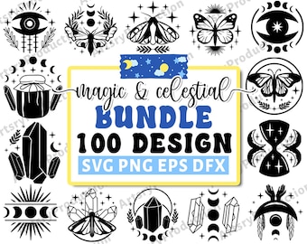 May include: A digital download bundle of 100 magic and celestial designs. The designs feature a variety of celestial and mystical elements, including crystals, moons, stars, butterflies, and more. The designs are perfect for creating crafts, greeting cards, invitations, and more.