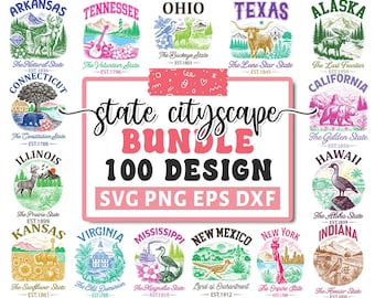 Könnte beinhalten: Ein digitales Design-Bundle mit 100 Stadtlandschaftsdesigns der US-Bundesstaaten. Jedes Design zeigt den Namen eines Staates, eine Illustration und den Spitznamen des Staates. Verfügbar in SVG, PNG, EPS und DXF Formaten.
