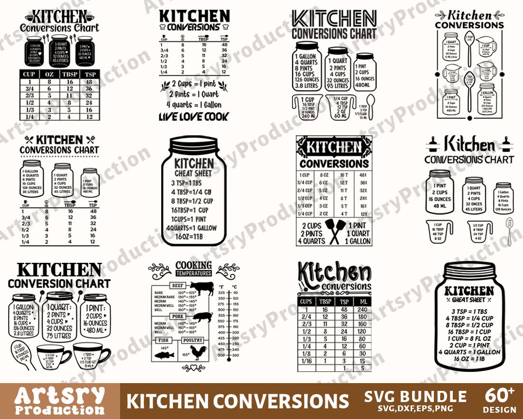Kitchen Conversions Chart Svg Bundle, Conversions Chart Svg, Baking Svg ...