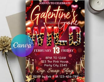 Galentine's Girls Night Gone Wild Invitation, Template, Leopard Print Valentine's Day Party Invite, Editable Template, Social Media Invite