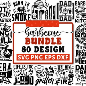 May include: A collection of black and white barbecue-themed designs. The designs include text such as "Smoking Hot Grill Master", "King of the Grill", and "Dad's Barbecue". The central design reads "Barbecue Bundle 80 Design".