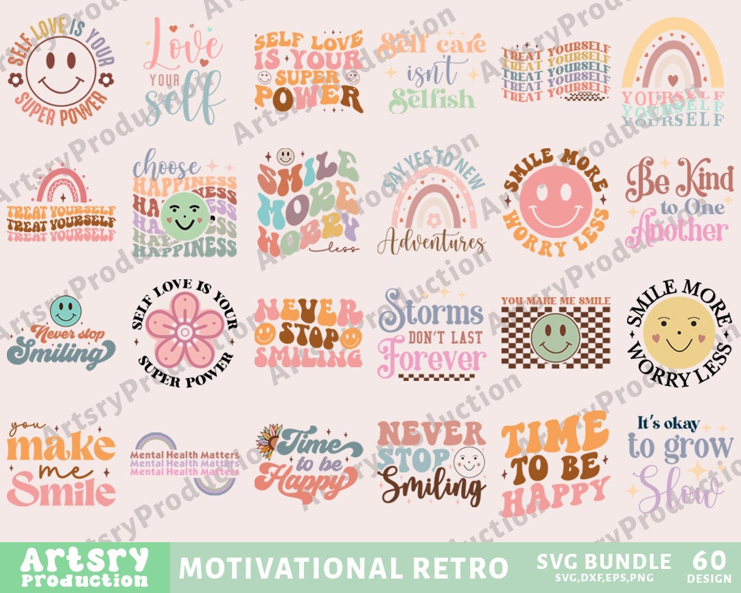 Retro Motivational Svg Bundle, Self Love Svg, Mental Health Svg ...
