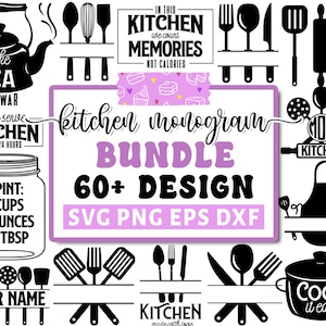 Può includere: Una grafica rosa e viola con il testo "Kitchen Monogram Bundle 60+ Design SVG PNG EPS DXF" e immagini di utensili da cucina, una teiera, un barattolo di misurazione e un tagliere.