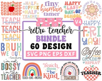 Paquete SVG de profesor retro, SVG de agradecimiento al profesor, SVG de citas para profesores, SVG de refranes para profesores, paquete SVG escolar, silueta Cricut Png V4