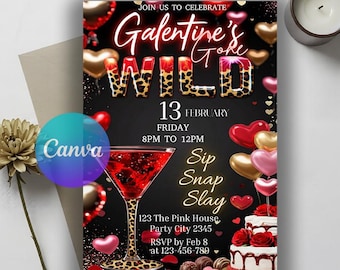 Cheetah Galentines Day Party Invitation, Valentines Leopard Invite, Digital Galentines Girl Night Party Dinner Invite, Canva Editable